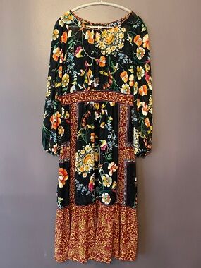 Anthropologie Black Floral Boho Maxi Dress with Burgundy Border